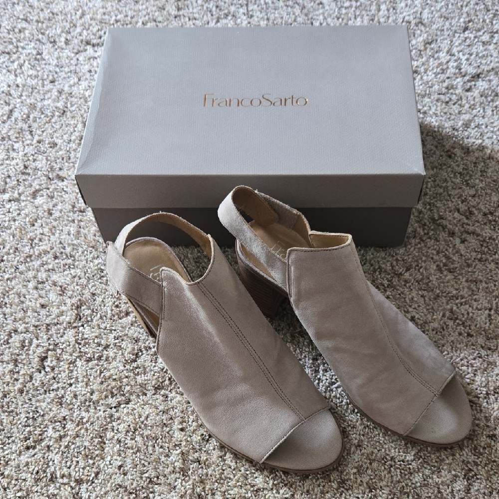 Franco Sarto Tan Peep-Toe Sandals with Ankle Strap